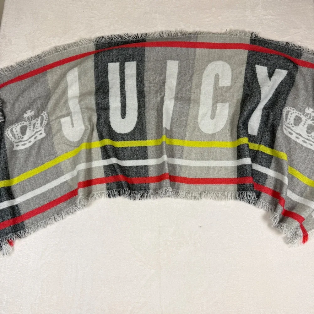 Juicy Couture Plaid Scarf Crown Logo‎ Fringe Gray Red Yellow One Size Y2K
